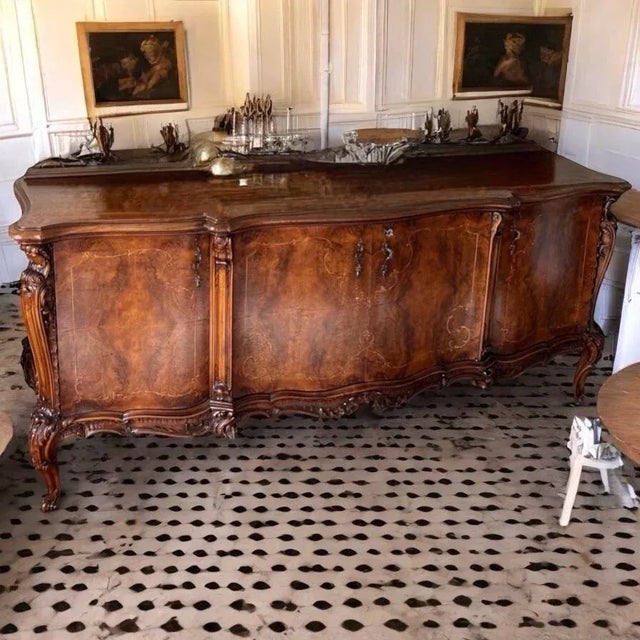 Exquisite Late 1800s Antique Inlaid Wood Buffet This stunning antique buffet, crafted in the 1800s, is a magnificent...