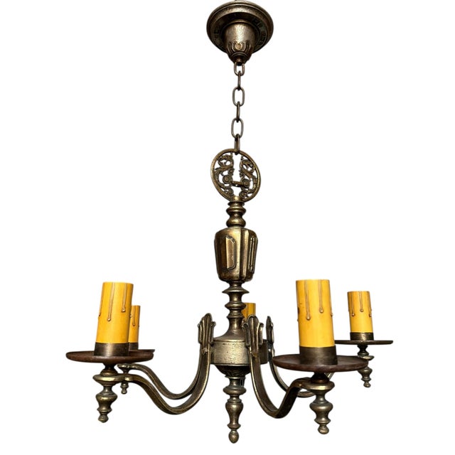 Mid-Century Modern Vintage Five Light Pewter Patina Chandelier With Dragon Scrollwork For Sale - Image 3 of 9