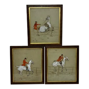 Set 3 English Hunting Sequence Paintings Red Coat Rider Huntsman on Grey Horse by Charles Johnson Payne Snaffles