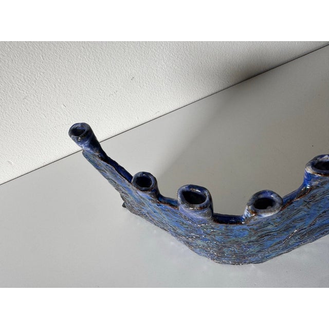 1990s 1990’s Vintage Handmade Blue Glazed Studio Pottery Ceramic Sculptural Menorah For Sale - Image 5 of 12