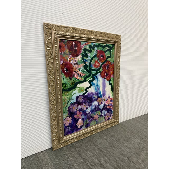 Design Plus Gallery presents a Framed Mixed Media Floral Painting. This expressive composition depicts red, coral, pink,...