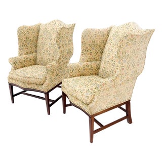 Pair of Deep Profile Antique Wing Arm Chairs Mahogany Legs Federal Style For Sale