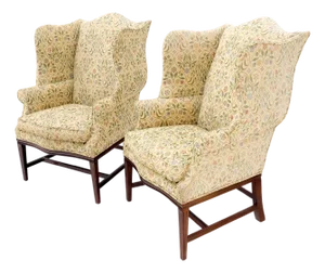 Pair of Deep Profile Antique Wing Arm Chairs Mahogany Legs Federal Style