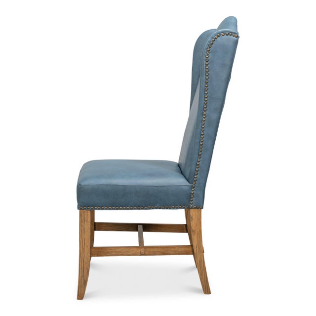 Art Deco Blue Leather Wingback Dining Chairs, High Back, Sets of 2 For Sale - Image 3 of 11