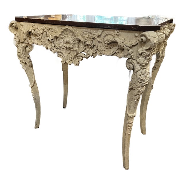 Vintage French Louis XV Rococo Style Carved & Painted Console Accent Table For Sale