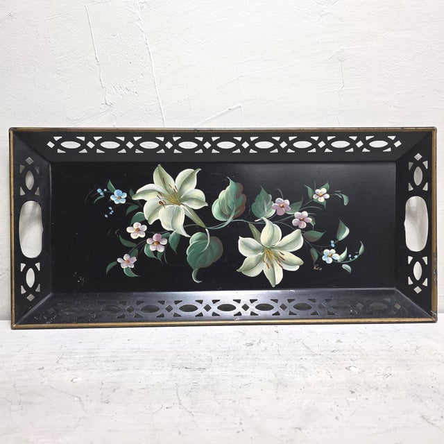 Black Mid Century Toleware Floral Tray Bar Cart Sever Black Oblong For Sale - Image 8 of 15