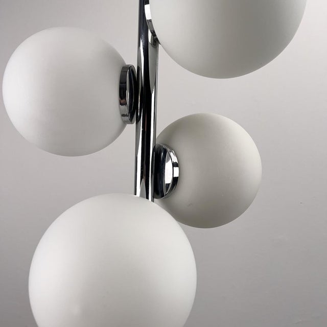 Metal Chrome-Plated Elongated Pendant Light with Five White Opal Glass Spheres, Germany, 1970s For Sale - Image 7 of 8