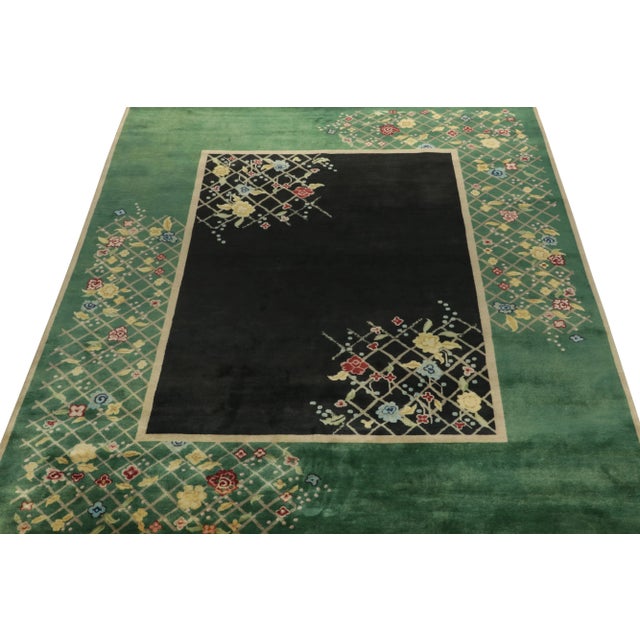 Art Deco Rug & Kilim Chinese Style Art Deco Rug in Black & Green with Colorful Florals - 12'x18' For Sale - Image 3 of 7