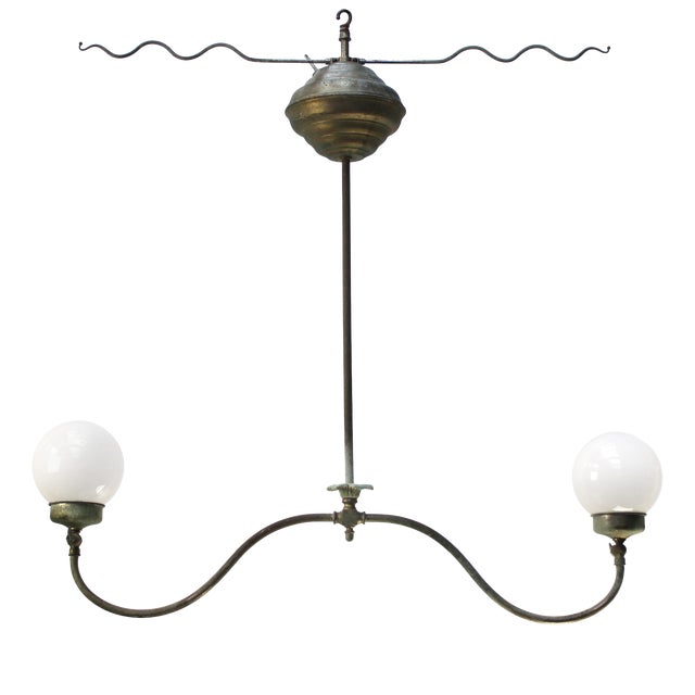 Converted Nickel-Plated Brass and Glass Double Oil Pendant Lamp, 1890s For Sale