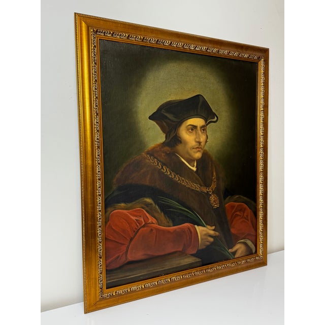 1900 - 1909 Large English Oil Painting Sir Thomas More Chancellor Duchy of Lancaster After Hans Holbein For Sale - Image 5 of 12