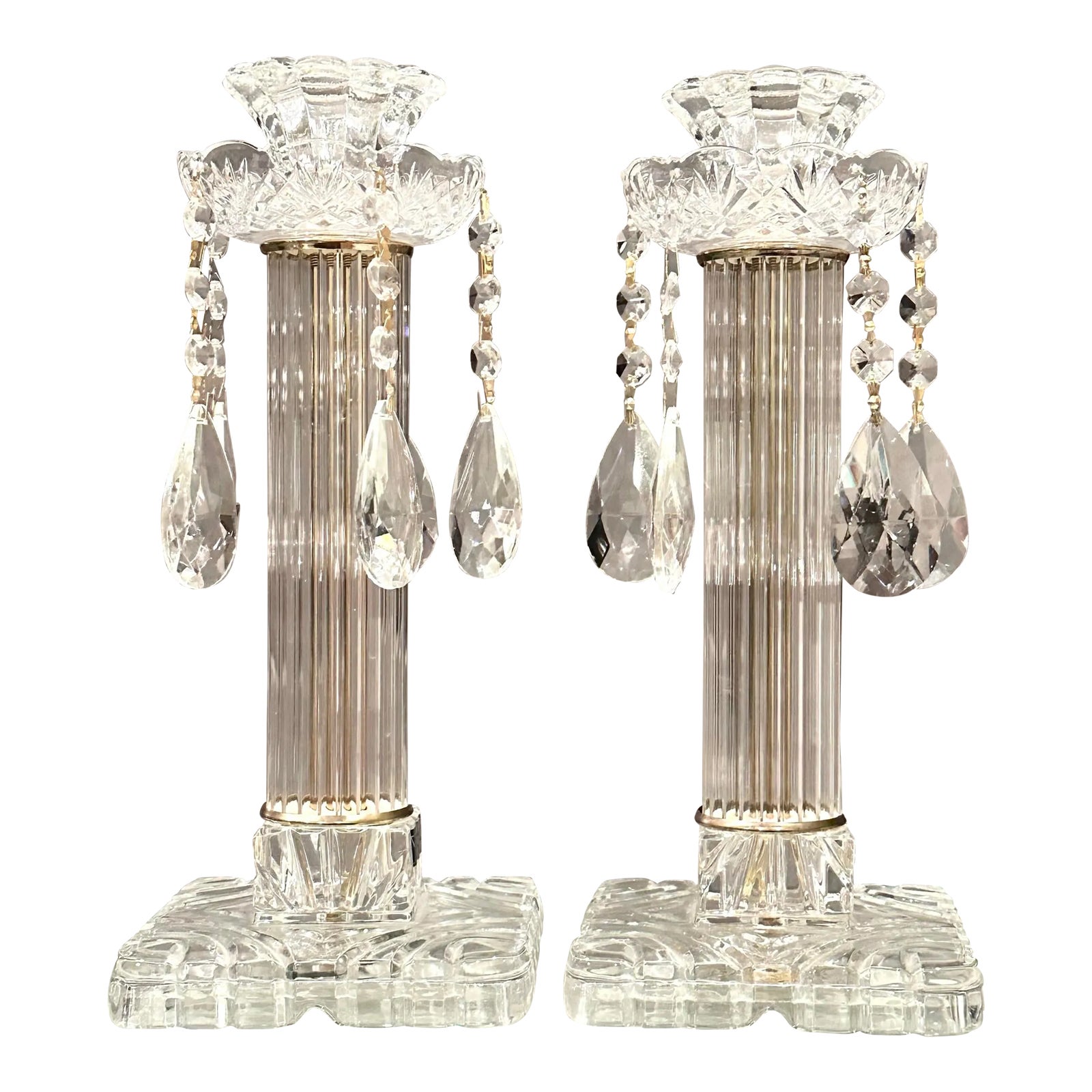 Late 20th Century Crystal Candle Holders With Hanging Crystals - A Pair