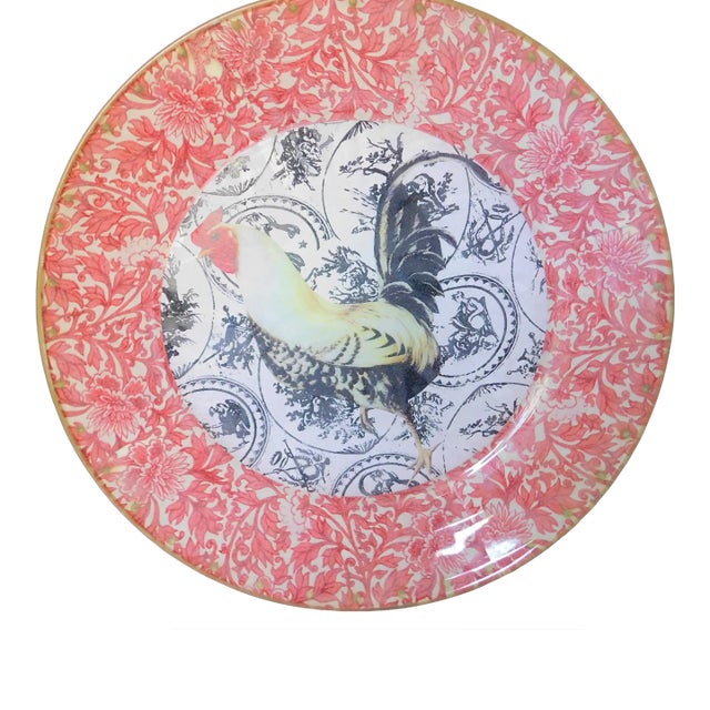 Late 20th Century Decorative Plate, French Decoupage Rooster With Floral Border For Sale