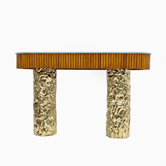 Mid-Century Wood and Brass Center Console, Italy, 1990s For Sale - Image 6 of 9