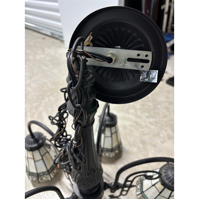 Vintage Arts & Crafts Tiffany Style Stained Glass 5 Arm Chandelier For Sale - Image 9 of 9