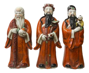 Chinese Distressed Orange Color Fenghsui Fok Lok Shao Figure Set