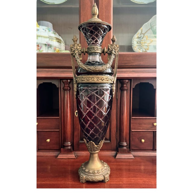 Tall Statement Antique Ruby Cut to Clear Crystal Lidded Urn With Second Empire Style Bronze Mounts For Sale - Image 17 of 18