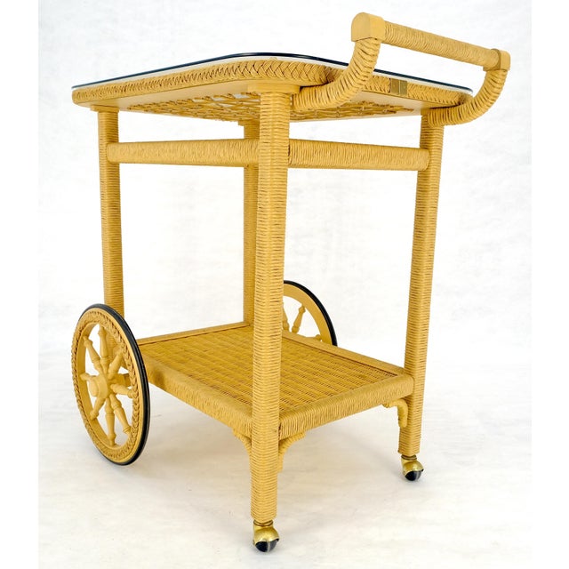Mint c1960s Mid Century Modern Blond Wicker Serving Table Bar Cart For Sale - Image 15 of 15