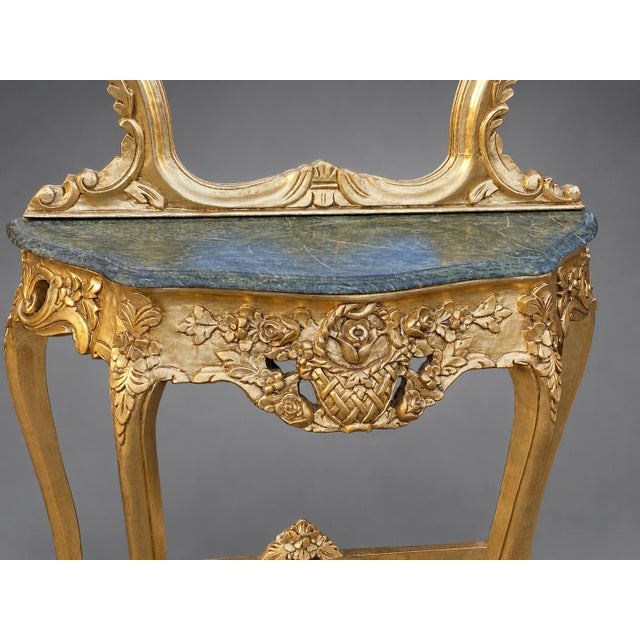 French 1920 French Artisan Louis XVI Gold Marble Console With Mirror Set - 2 Pc For Sale - Image 3 of 12