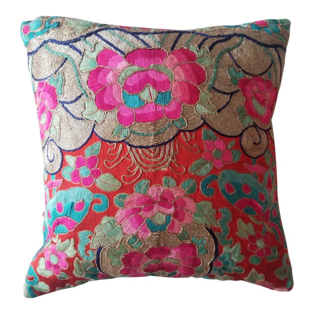 Anglo-Indian Silk Embroidered Tapestry Cushions With Ikat Backs For Sale