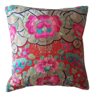Anglo-Indian Silk Embroidered Tapestry Cushions With Ikat Backs