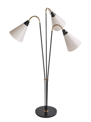 Modern Swedish Adjustable Three Arm Floor Lamp in Metal, Brass and Silk, 1950s