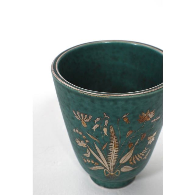 Metal Argenta Vase in Silver Inlaid Flower Design by Wilhelm Kåge for Gustavsberg, 1940s For Sale - Image 7 of 10
