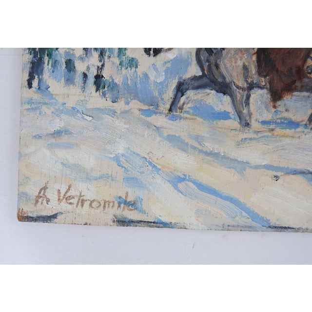 Small late 20th century oil on wood panel painting of early trapper in snowy winter on horseback by Alfred G Vetromile...