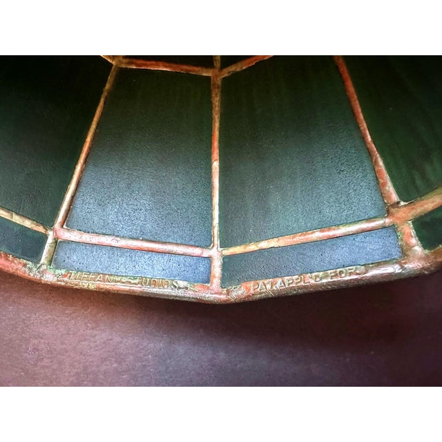 Rare Green Linenfold Double Student Table Lamp Tiffany Studio For Sale - Image 4 of 18