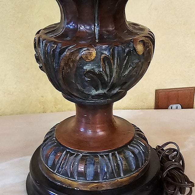 Wood Antique Frederick Cooper Ornate Hollywood Regency Table Lamp With Fringe Shade For Sale - Image 7 of 18
