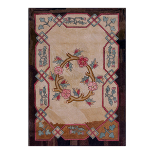 1930s Tan Beige Floral Folk Art Antique American Hooked Rug 5'9" X 8'6" Handknotted Wool Carpet