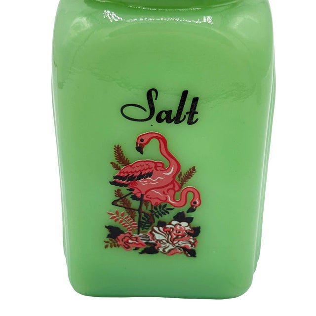 Glass Mid-Century Jadeite Green Glass Pink Flamingos Salt and Pepper Set For Sale - Image 7 of 13