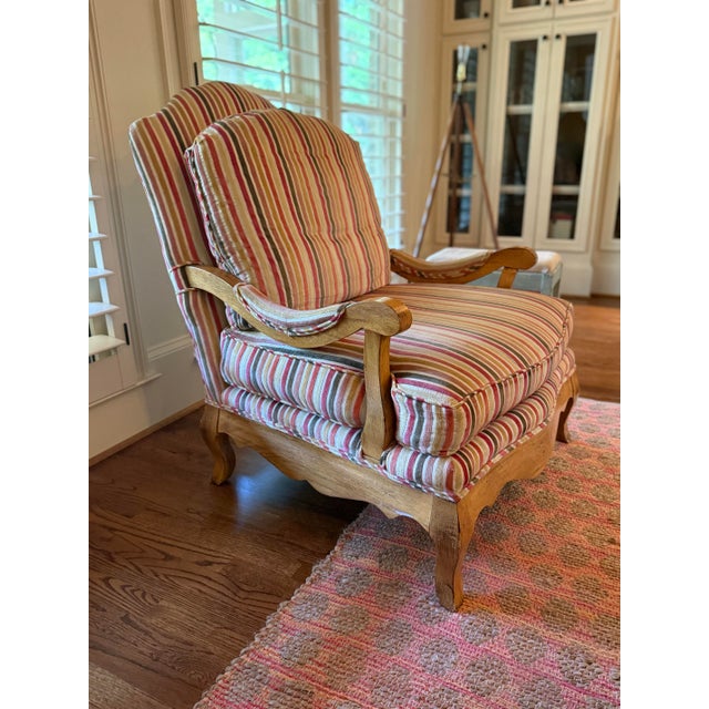 Pair of French Country Louis XV Style Bergère Lounge Chairs in Custom Multi-Stripe Upholstery For Sale In Atlanta - Image 6 of 8