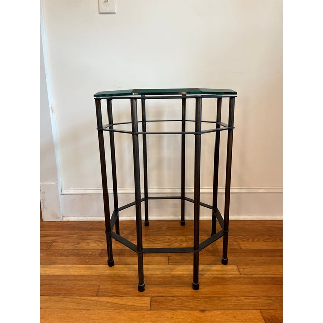 Mastercraft Patinated Brass and Beveled Glass Octagonal Side Table Campaign Style For Sale - Image 4 of 12
