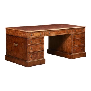 George III Style Burton-Ching Burl Walnut Partners Desk W Tassel Pulls For Sale