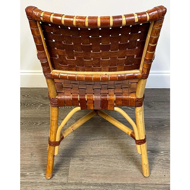 1960s French Modern Bamboo & Woven Saddle Leather Armchair, Circa 1960s For Sale - Image 11 of 13