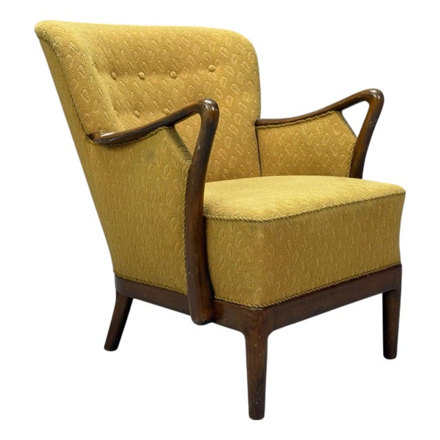 Slagelse Mobelvaerk, Fabric, Wood, Sculptural Arm Chair, Denmark, 1960s For Sale