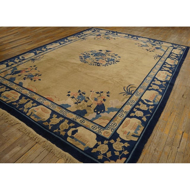 Textile Antique 1920s Beige Field Deco Peacock Chinese Peking Knotted Rug 9' X 11' 6'' For Sale - Image 7 of 9
