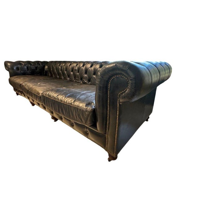 English Restoration Hardware Kensington Ebony Leather Sofa With 44” Depth and Luxe Down Feather Fill For Sale - Image 3 of 18