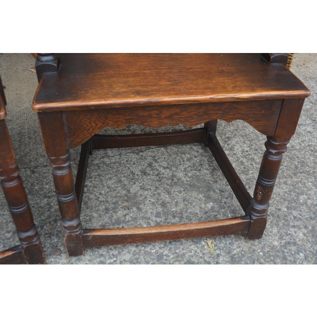 Wood 1940s Vintage Carved Pair of j.e. Ware Furniture Wainscot Wood Side / Dining Chairs Medieval / Thrones For Sale - Image 7 of 16