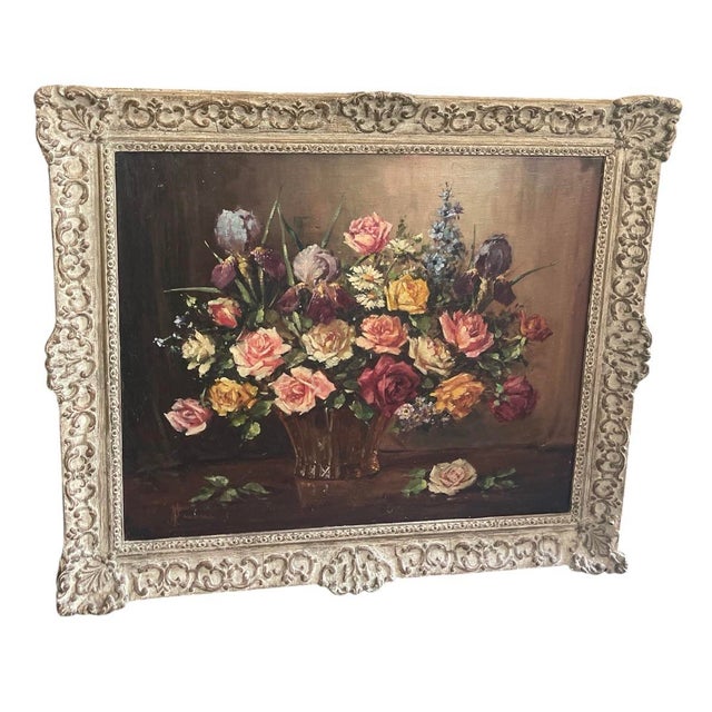 Vintage Continental Floral Still Life Oil Painting – Ornate Baroque Style Frame For Sale In West Palm - Image 6 of 12