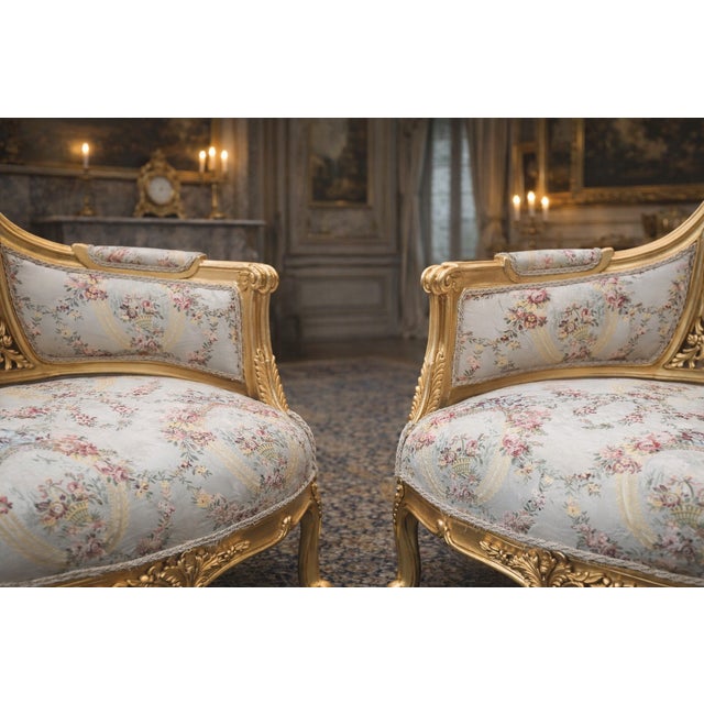 1970s 1970 French Louis XVI Gold Beech Damask Bergères - Pair For Sale - Image 5 of 14