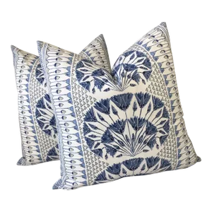 Thibaut “cairo” in Blue and White Plush Down-Filled Complete Pillows- a Pair