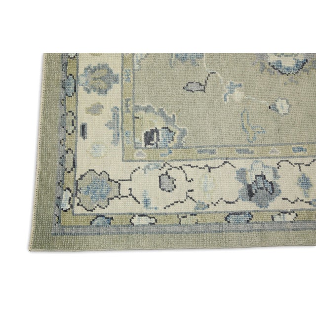 Modern Early 21st Century Green & Blue Floral Design Handwoven Wool Turkish Oushak Rug 3'10" X 6'1" For Sale - Image 3 of 7