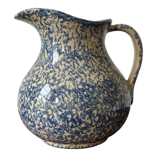 Vintage Blue and White Spongeware Pitcher For Sale