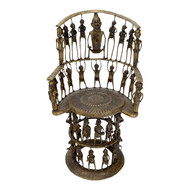 Solid Bronze 44 Figurines African Cameroon Bronze Figurative Throne Chair For Sale