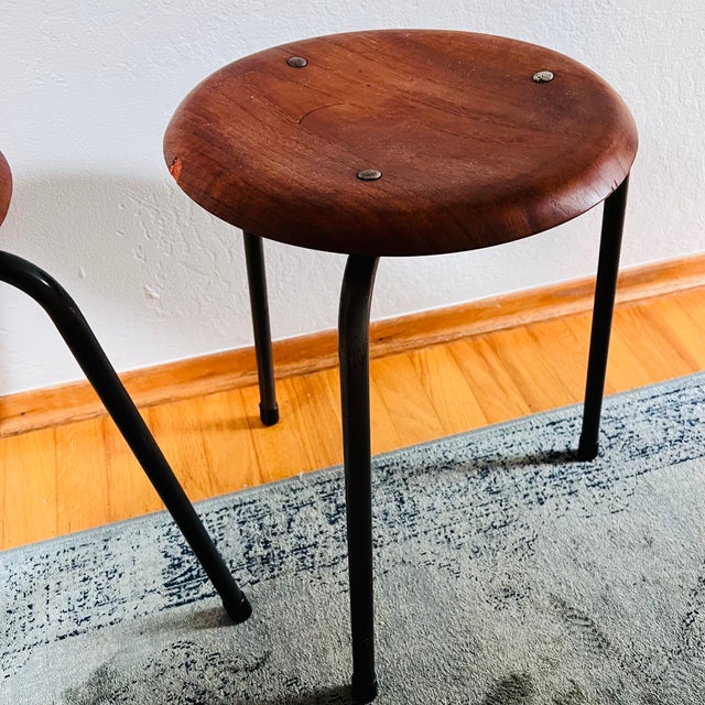 1950s Stalmobler Mid Century Danish 3 Leg Dot Stools Pair Steel Teak MCM For Sale In Monterey, CA - Image 6 of 18