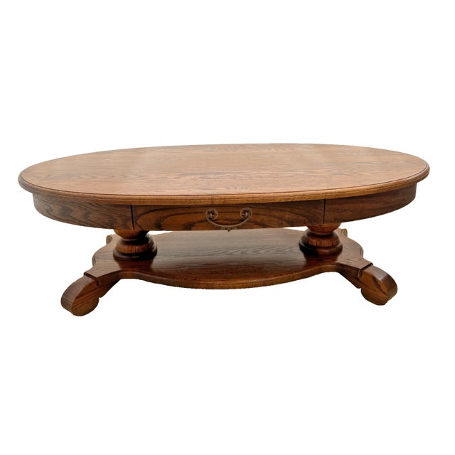 Gorgeous Vintage Oval Coffee Table Tiger Oak, Center Drawer, Shelf, Columns, Empire Style, 16" Tall X 28" Deep X 48" wide....