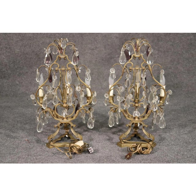 Metal French Amythest Colored and Clear Crystal Prism Candelabrum - a Pair For Sale - Image 7 of 12