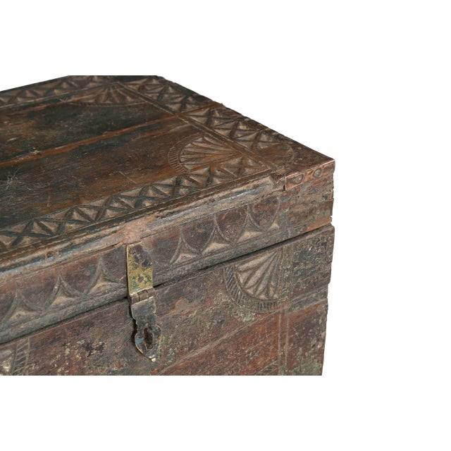 Antique Indian Carved and Painted Chest on Iron Legs, a very folksy chest in untouched condition with top and front...