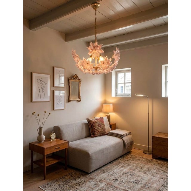 An ethereal bouquet of light, sculpted in Murano glass. This refined 1970s chandelier captures the romantic essence of...
